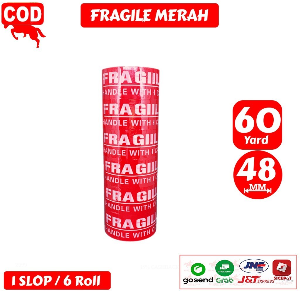 

Lakban OPP Tape / Lakban Fragile Merah KSATRIA Tape 60 Yard (1 Slop)