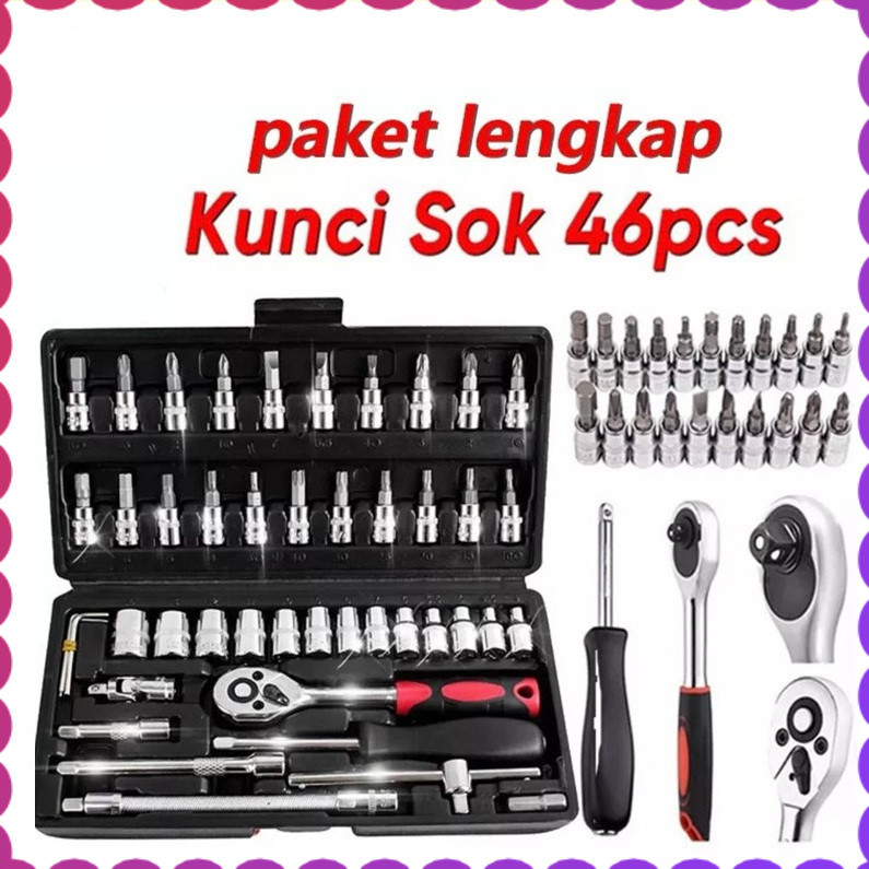 Kunci Sok Set 46 Pcs Socket Wrench Mata Obeng Dilengkapi Box Penyimpanan - Kunci L Set Lengkap Kunci