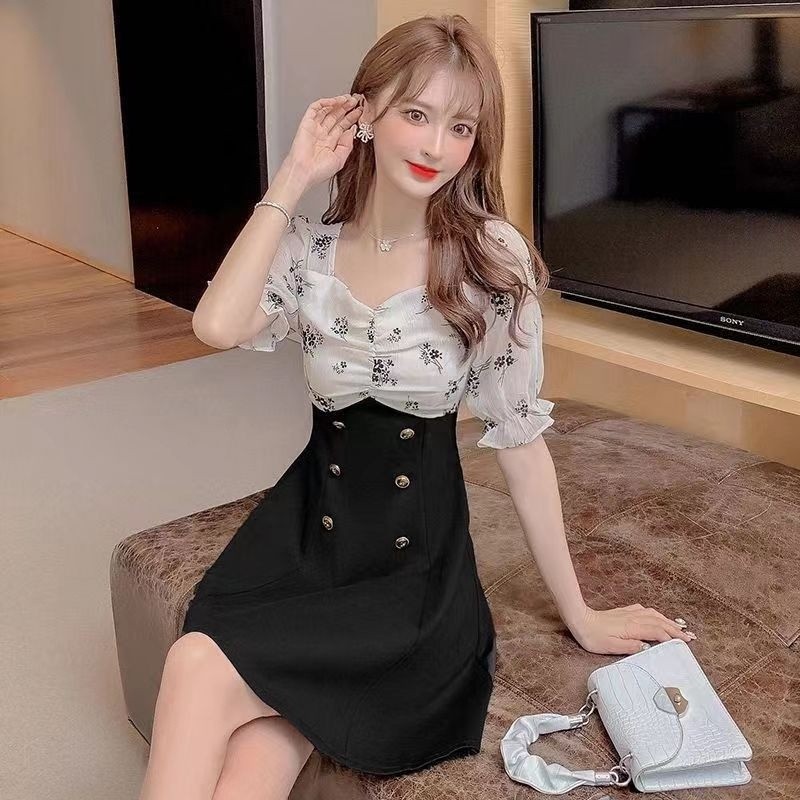 Black Dress Motif Bunga/Jahitan Dress Tile Lengan Pendek Retro Perancis