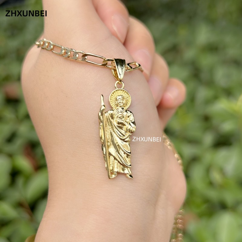 1pc Gold Plated Saint Jude Pendant Necklace Copper Figaro Chain Jewelry San Judas Tadeo Cadena de Or