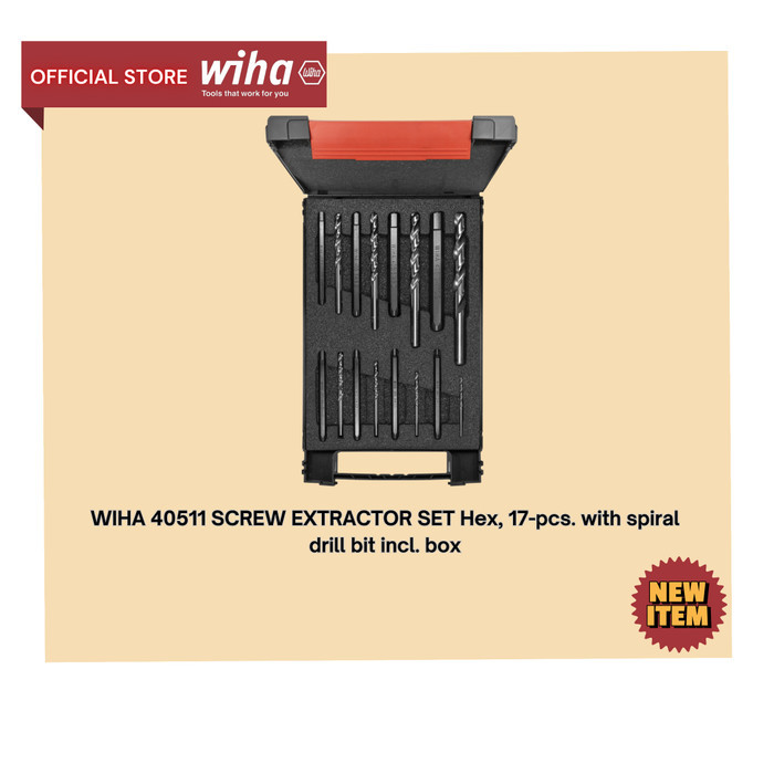 WIHA 40511 SCREW EXTRACTOR SET Hex, 17-pcs. with spiral drill bit incl. box - Official Wiha Indonesi