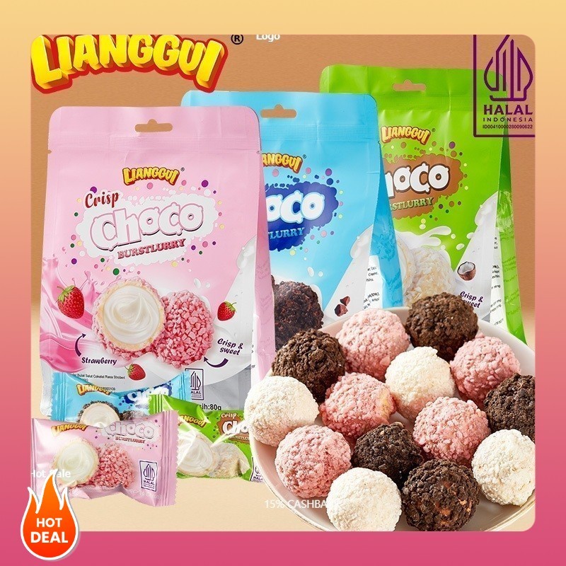 

[Menjual harga rendah]LIANGGUI Burst Choco Ada 3 rasa (Strawberry、Chocolate、Coconut) Coklat renyah Yang manis Bola coklat Coklat isi permen yang diisi makanan ringan kantor Cemilan santai makanan pesta makanan muslim