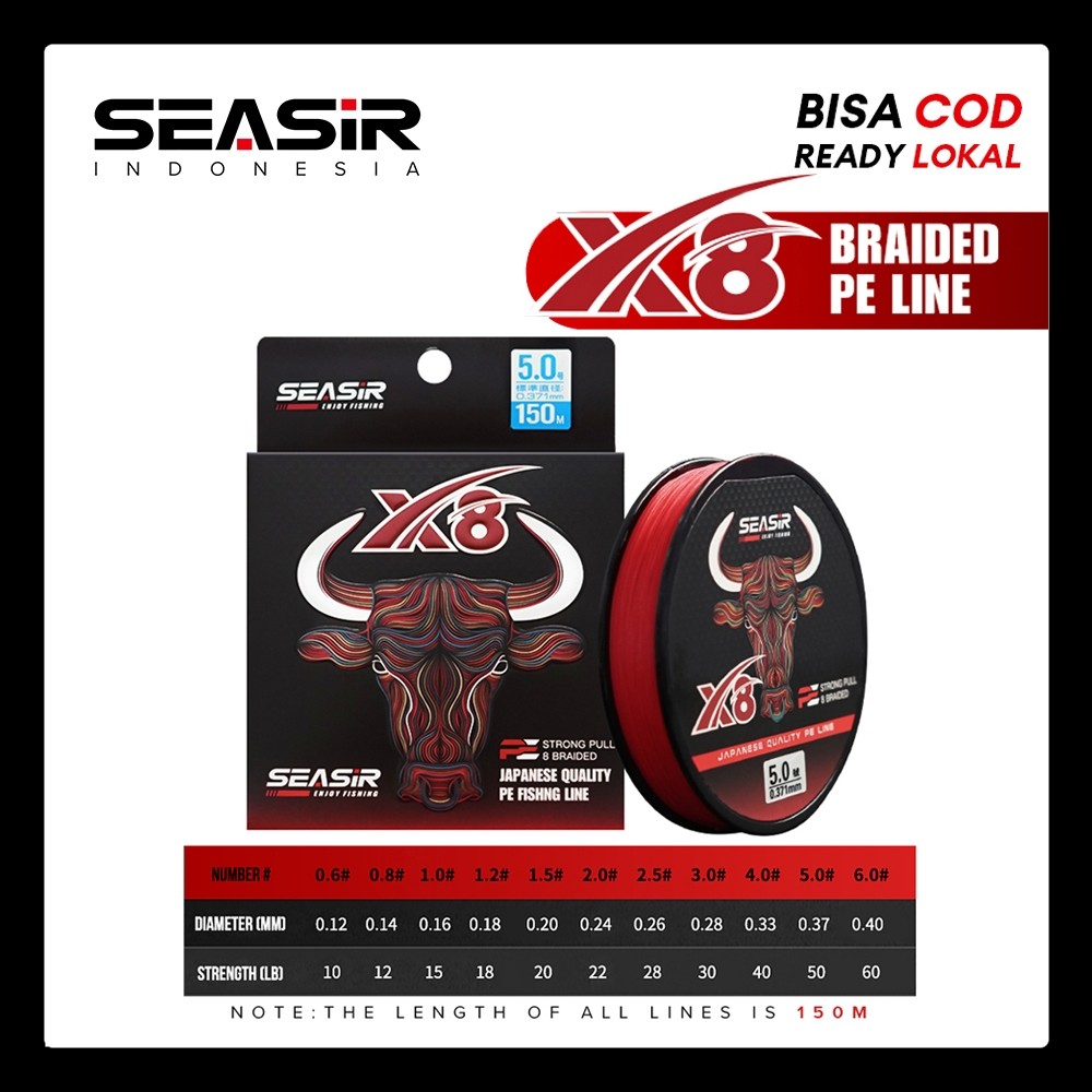 [OFFICIAL] SEASIR Redbull Senar PE X8 Senar Pancing (150M/10-60LB) 150 Meters Braided Fishing Lines 