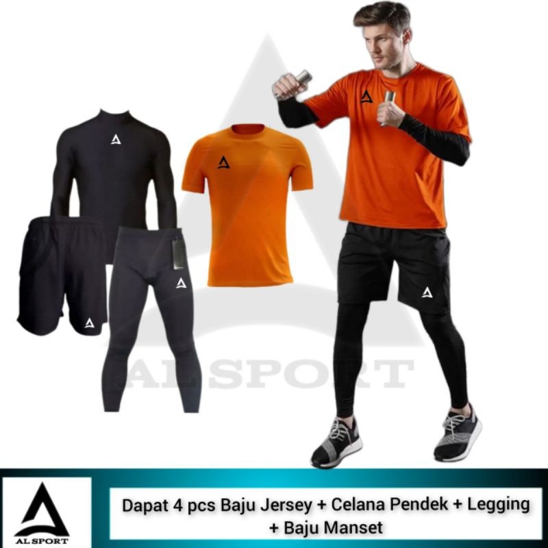 4 IN 1 Stelan Olahraga Pria Baju Jersey Kolor Legging Manset Sport Futsal Lari