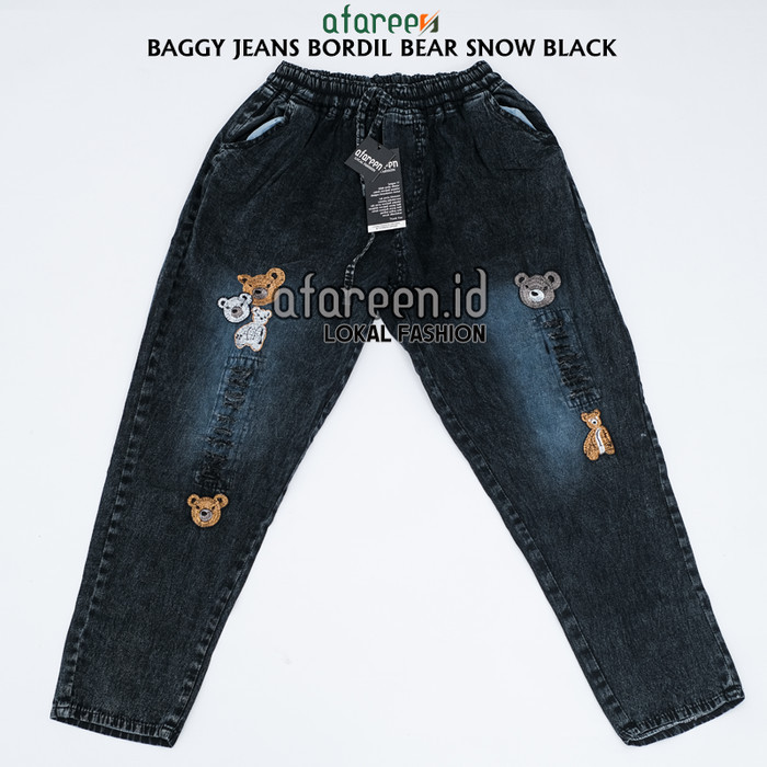 MURAH✨ - Celana Baggy Jeans Wanita Jumbo Boyfriend Big Size Bordir Mickey Mouse - Snow Black