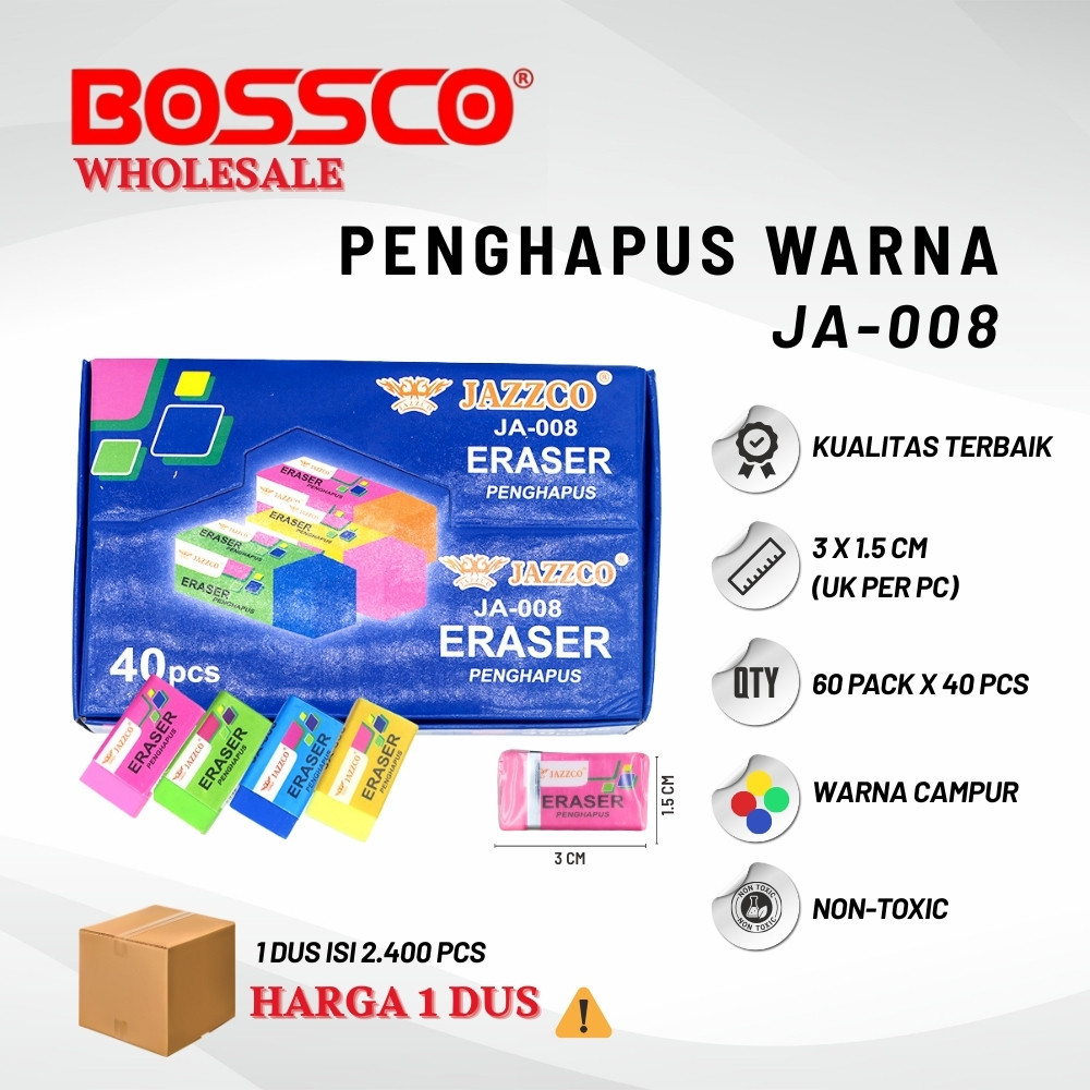 

GROSIR!!! (1 DUS isi 2400 PCS) Eraser Penghapus Jazzco Warna Kecil JA-008