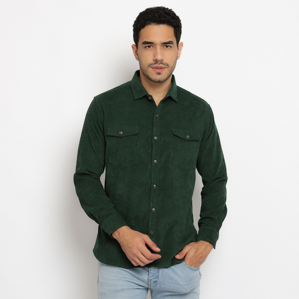 [NEW] Kemeja Polos Pria Kodorai Lengan Panjang Kantong Dua Warna Hijau OLR274