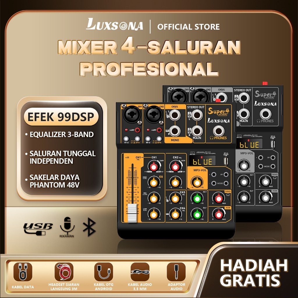 Luxsona Audio 4-Chanel Mixer Profesional Mendukung Usb/Electro Bluetooth 48V Phantom Power Dj Audio 