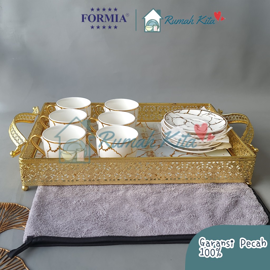 FORMIA Tea Set Cup & Saucer Emas 15 Inch +  Tray Cantik Aesthetic Emas Bermotif