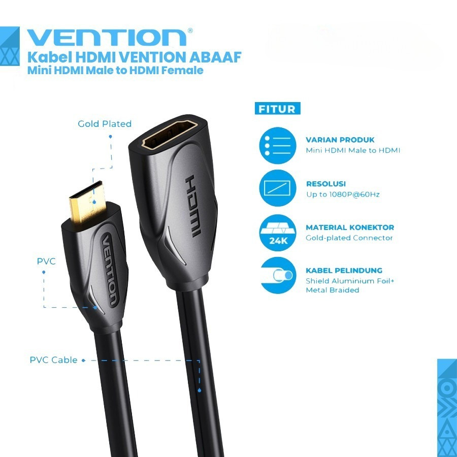 Kabel HDMI VENTION ABAAF Mini HDMI Male to HDMI Female 1Meter