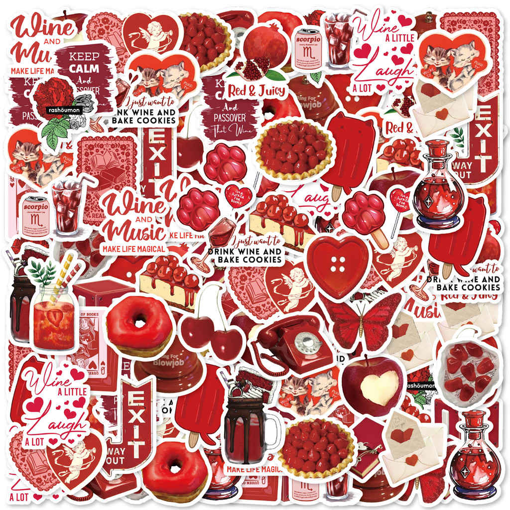 

30pcs Rose, Cherry Red Graffiti Stickers Decorated Notebook Water Cup Suitcase Guitar Classic Toy Scrapbook Waterproof PVC Decal