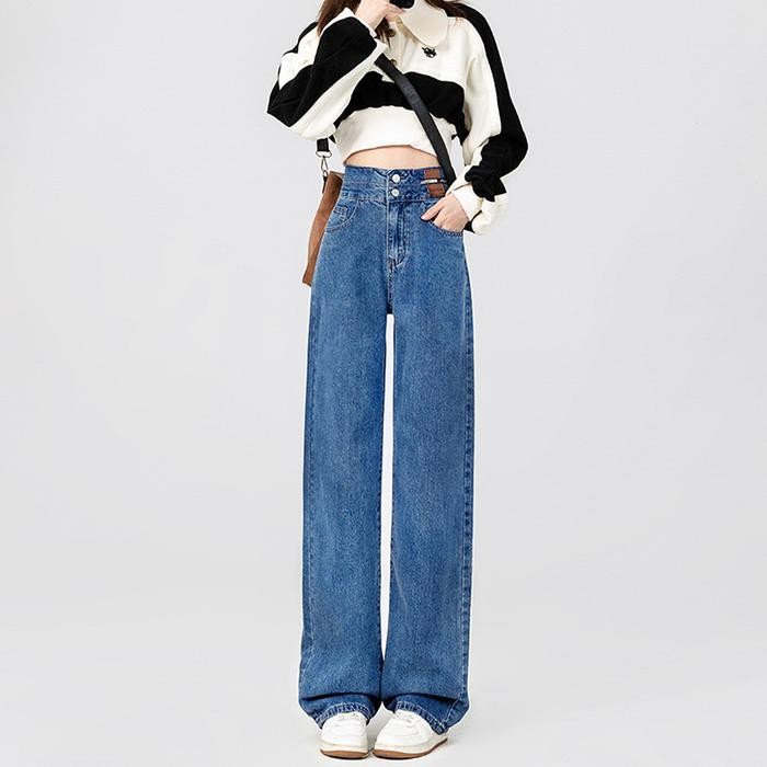 Celana Jeans Wanita Highwaist Kulot Premium Korean Style Panjang Hitam Fit Kaki Nyaman Slim Denim Cu