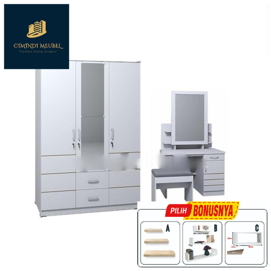PAKET LEMARI 3 PINTU ROMARO LACI DAN MEJA RIAS WARNA PUTIH ROMARO MEBEL TERLARIS CIREBON INDRAMAYU K
