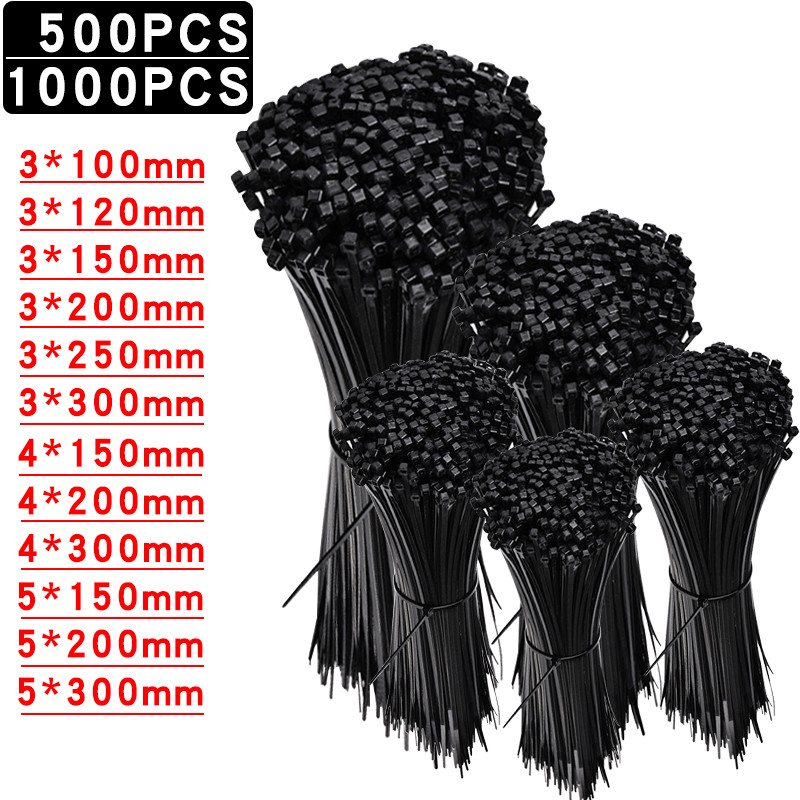

500/1000PCS Self-locking Plastic Nylon Tie Black Zip Wraps Strap Nylon Cable Tie Set Fastening Ring Loop Wire Wrap