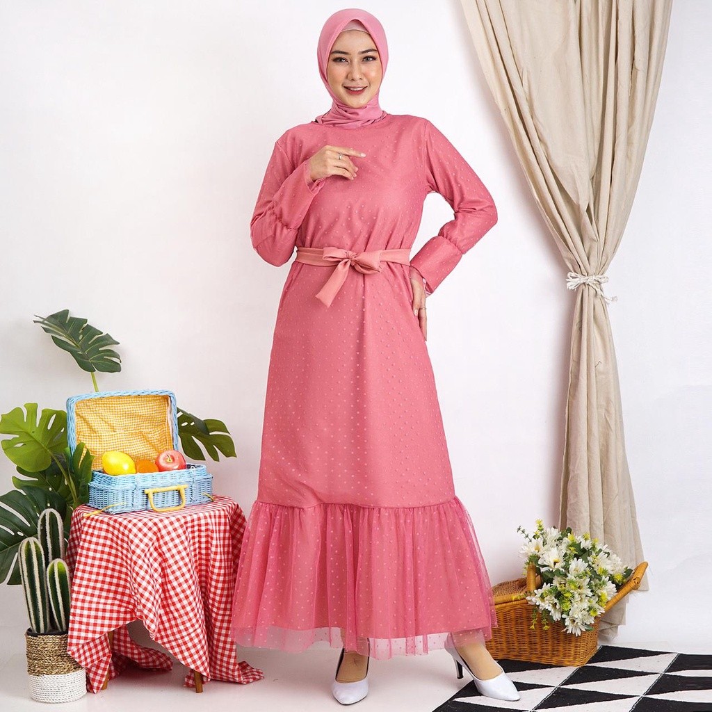 Gamis Helwa Tile Polkadot Maxi Dres Lebaran Long Dress Busana Muslim Murah