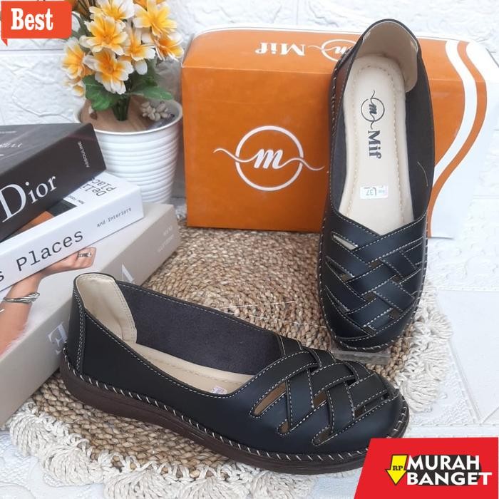 Mif Original Sepatu Slip on Wanita Model Anyam MK75 Shoes - hitam, 37