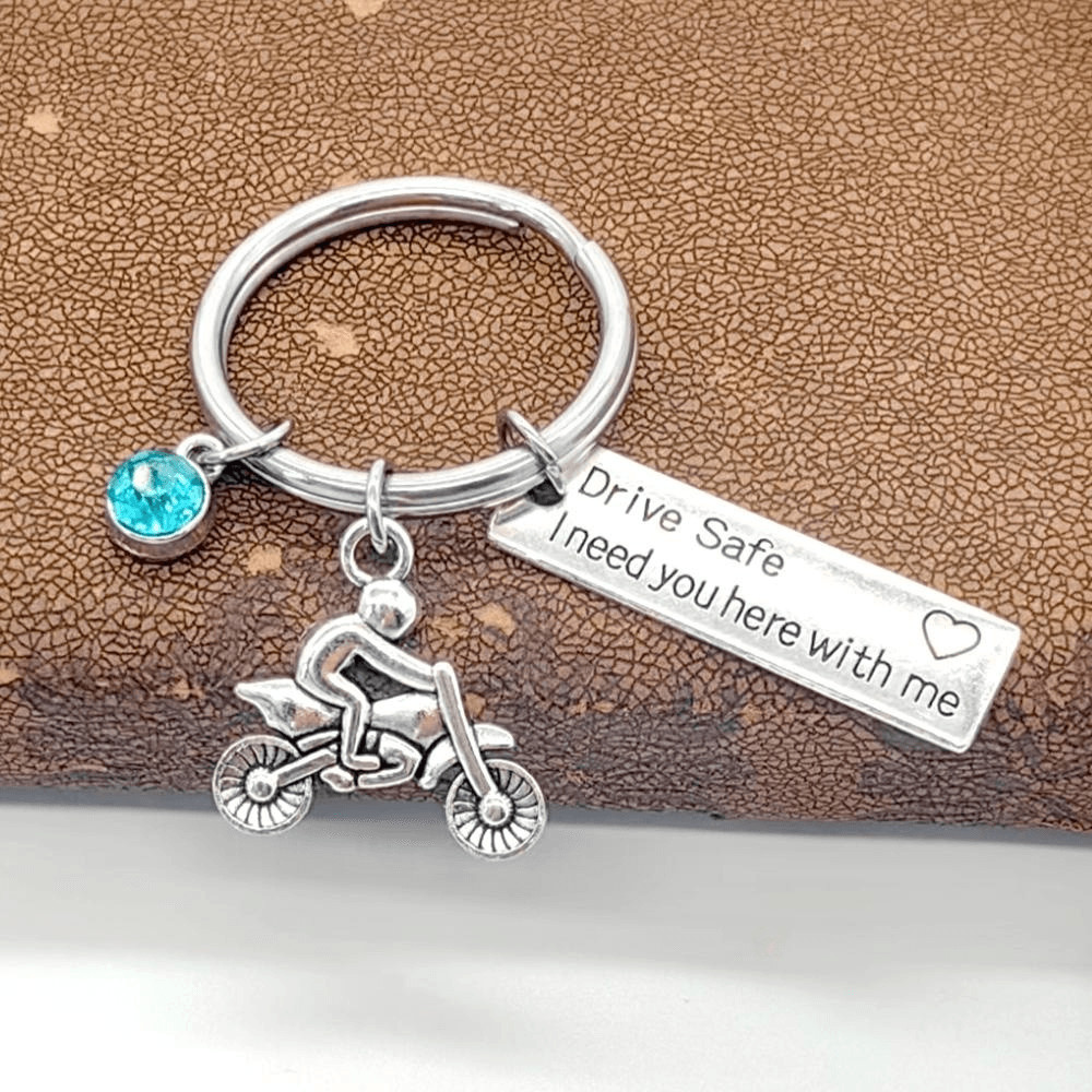 

1Pc Motorcycle Birthstone Keychains,Drive Safe Keyring,Biker Gifts For Husband Son Family Friend,Gift For Valentine's Day