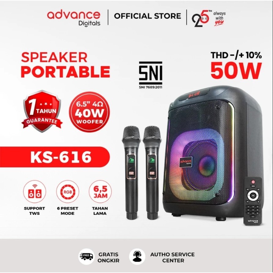 Advance KS-616 Speaker Bass Bulat Hi-Fi Sound 6.5 Inch Speaker RGB Light Speaker Karaoke Free 2 MIC 