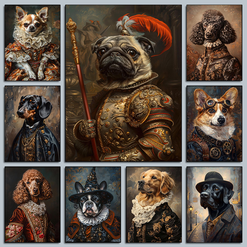 

Retro Renaissance Antique Dogs Portrait Posters Gothic Military Pug Prints Canvas Painting Wall Pictures Home Living Room Decor