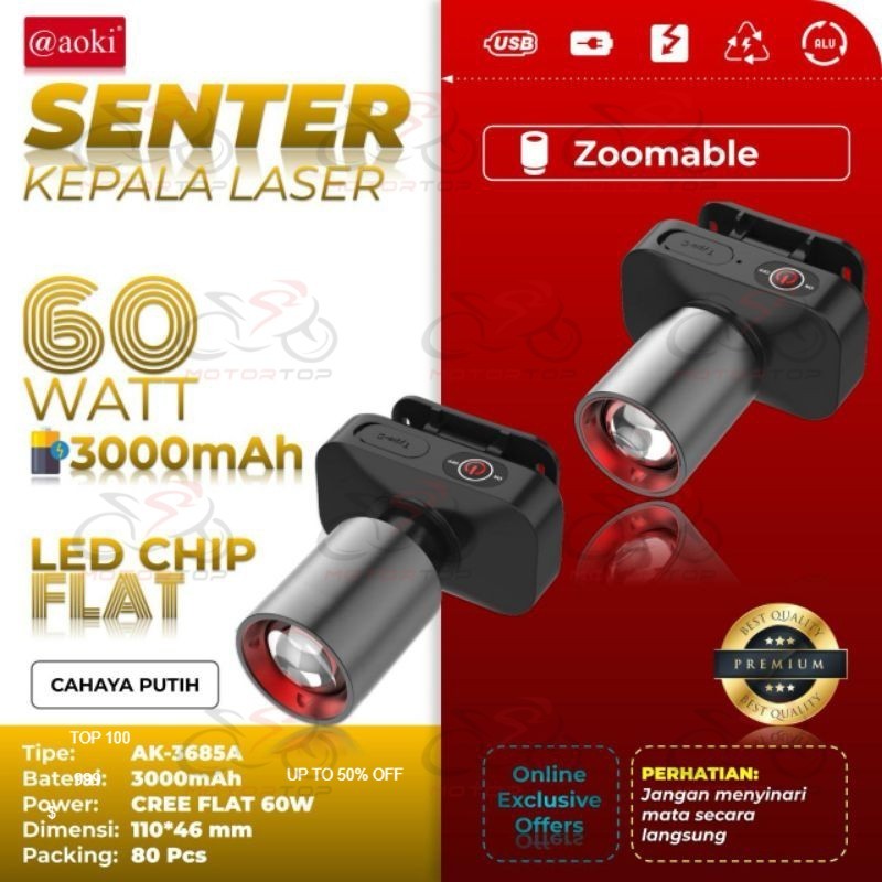 AOKI SENTER KEPALA LED ZOOM AK-3685A & AK-3686K 60W / CAHAYA SUPER TERANG / JARAK JAUH LASER / @AOKI