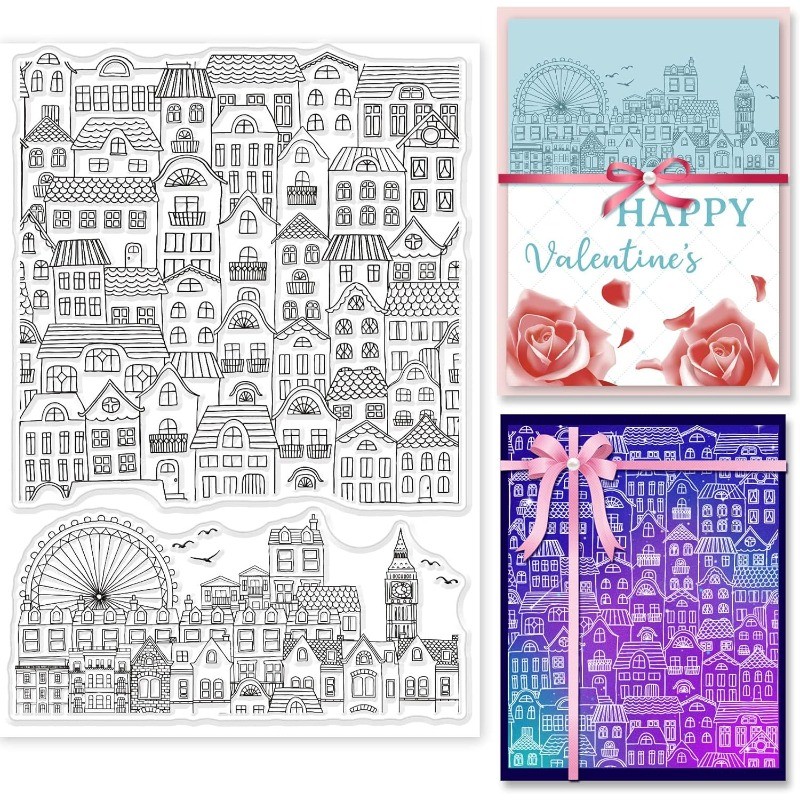 

City Block Background Clear Stamp Ferris Wheel Transparent Silicone Stamp Cartoon House Rubber Stamp for Scrapbook Journal Card