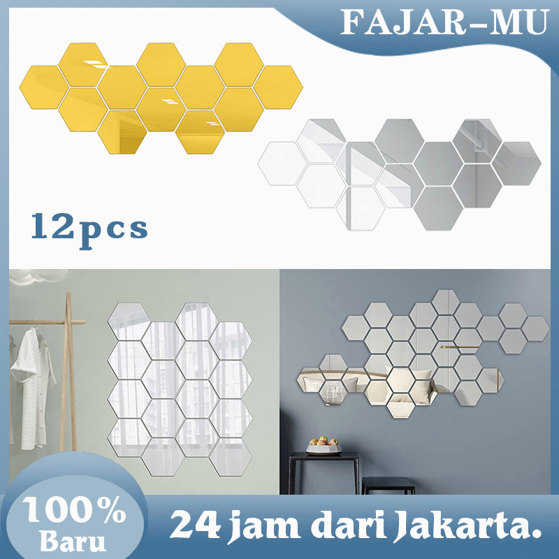 Stiker Kaca Dinding Tempel 12pcs Cermin Hexagonal Tempel Stiker Cermin Dinding Hiasan Dinding
