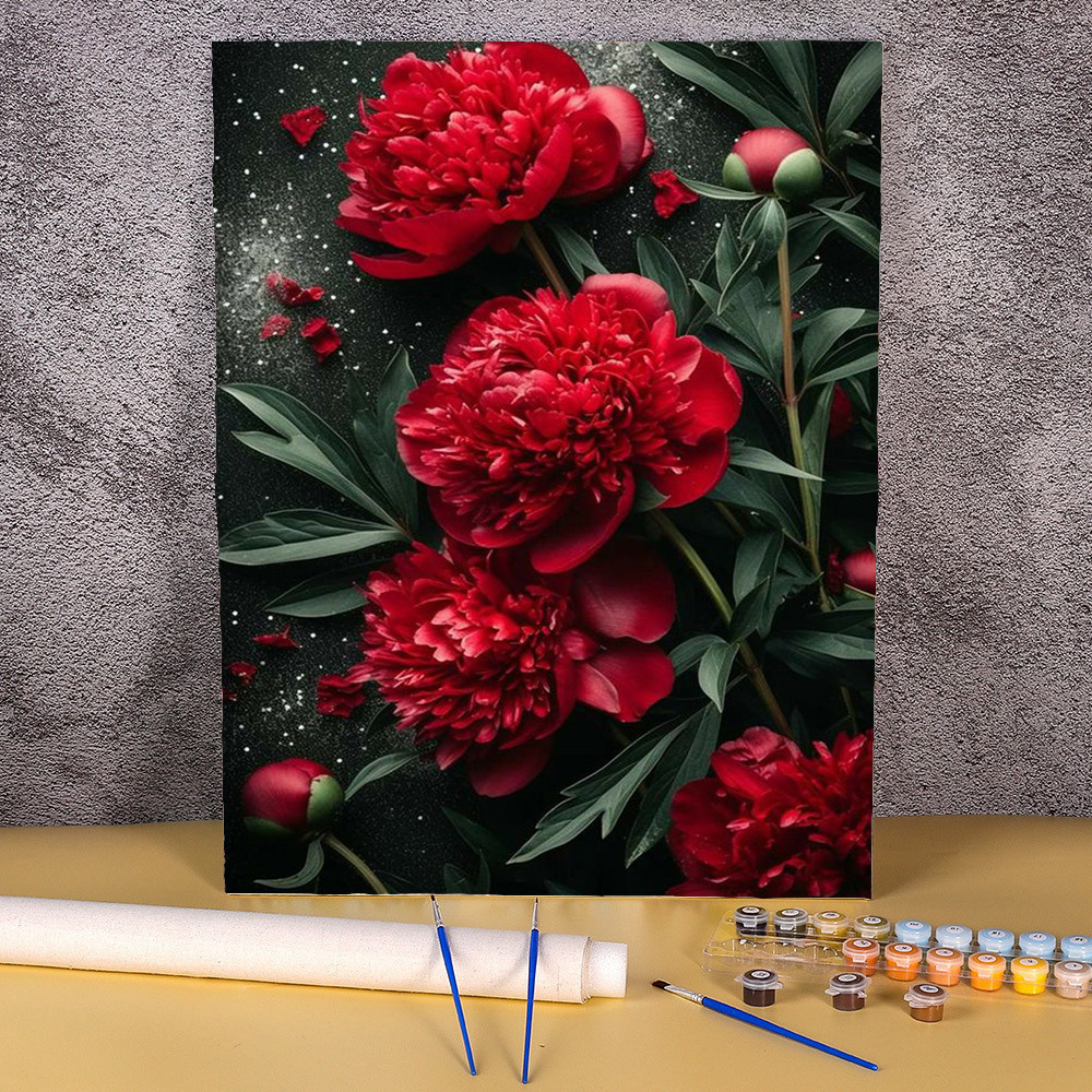 

Oil Painting By Number Red Flower Drawing On Canvas Leaves Picture Wall Art Hand Painted DIY For Adult Home Decoration Pintura