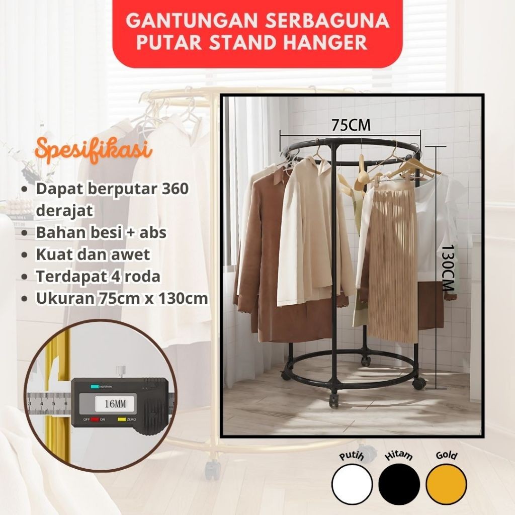 SUNFAY Rak Gantungan Baju Besi Putar Serbaguna Bentuk Bulat Portable Stand Hanger Gantungan Baju Bes