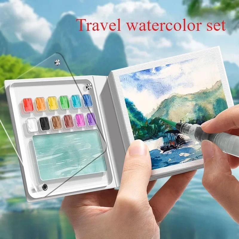 

8/12 Grid Mini Watercolor Sketchbook Paint Palette Travel Set Art Student Outdoor Sketch Painting Supplies Portable Art Tool