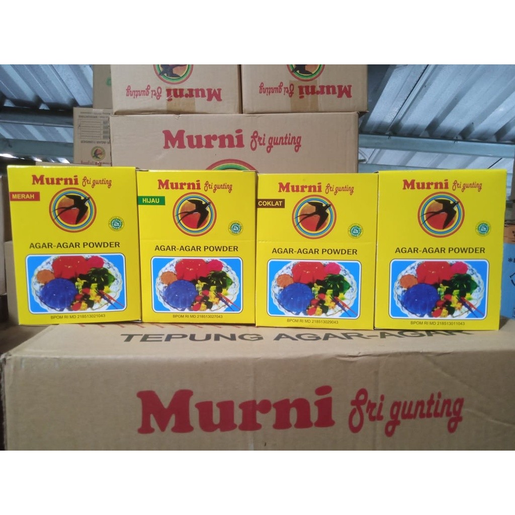 

Agar agar bubuk , Agar agar jelly, Agar Srigunting swallow, Agar agar bening/putih/plain, Agar merah, agar hijau, agar Coklat 1 dus isi 12 sachet