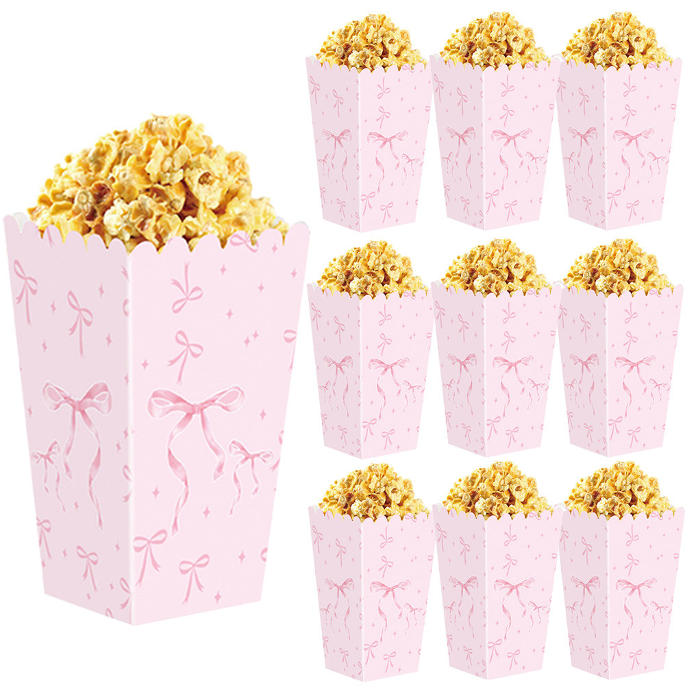 

10pcs Bow Popcorn Boxes Pink Coquette Pattern Popcorn Boxes Bow Party Paper Popcorn Candy Containers for Birthday Bridal Shower