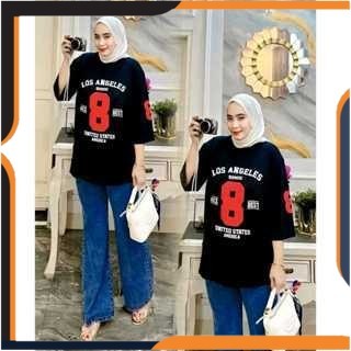 Setelan Kaos Wanita dan Celan Kulot Levis Desain Angka 8 LOS ANGELES SOSOU Lengan Pendek Warna Putih