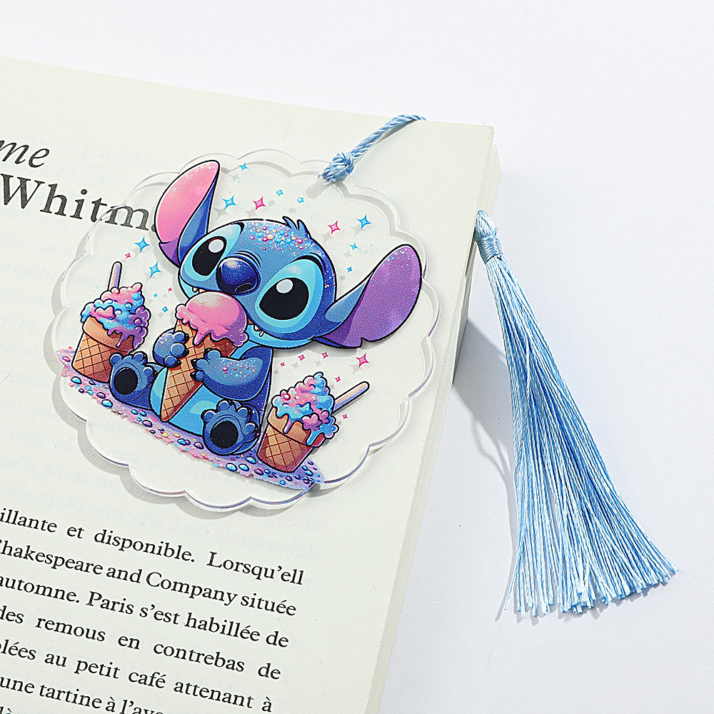 

1Pcs Cute Stitch Round Bookmark, Clear Acrylic Bookmark with Tassel for Fans Collection Book Lovers Pearl Lanyard Gift for Women