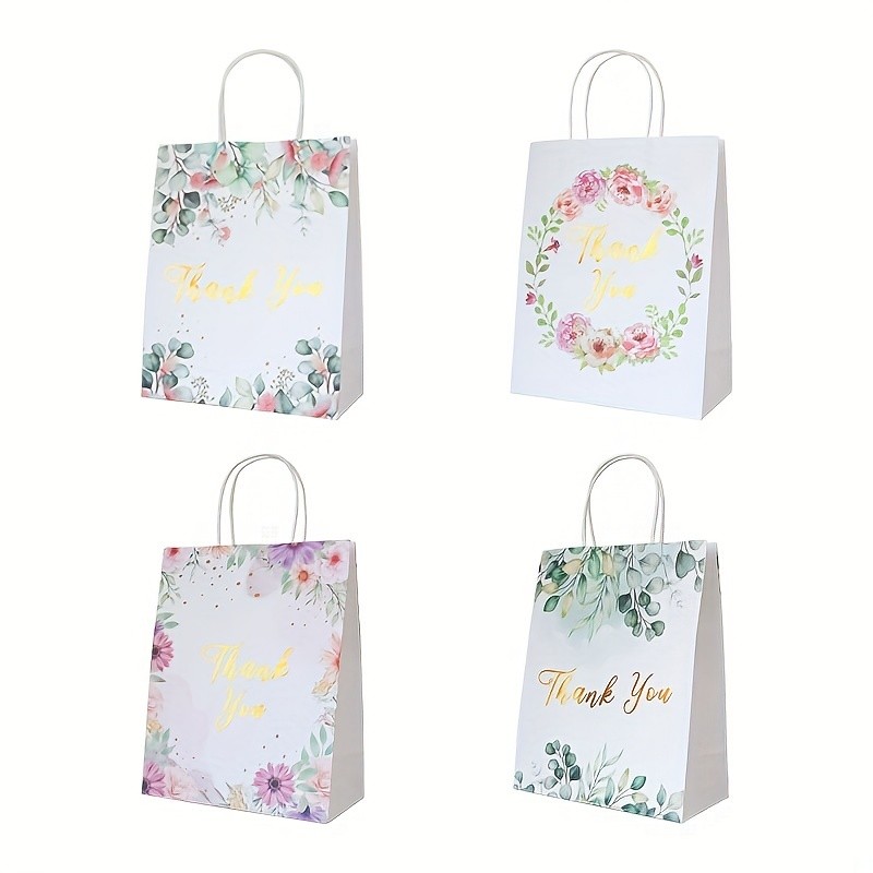

12PCS Thank You Gift Paper Bags With Handles Floral Design Thank You Bags For Business, Boutique, Gifts, Wedding Favors