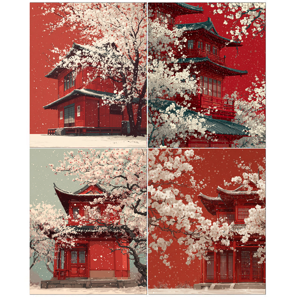 

Hand Paint Red buildings and white plum blossoms Painting By Numbers Kit DIY Acrylic Artwork Canvas Art Gift Home