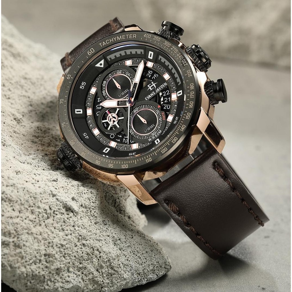 Evans Jayden Jam Tangan Pria 9466 Kulit Kaca Sapphire Chronograph Water Resistant 10 ATM