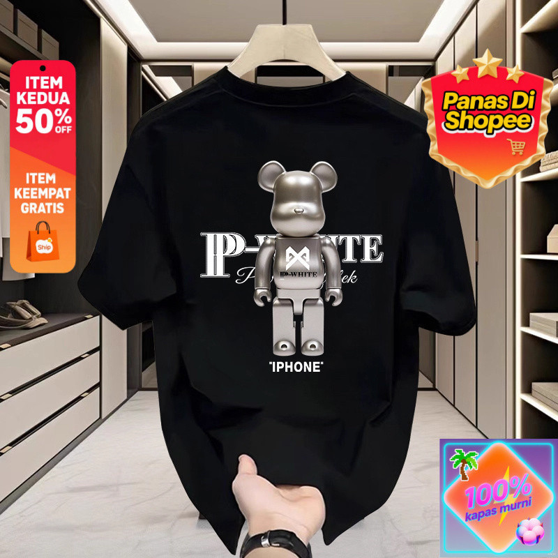 Trend Cetak Beruang Mekanis Kaos T - Shirt Pendek Pria Kasual Katun, Modis dan Serbaguna