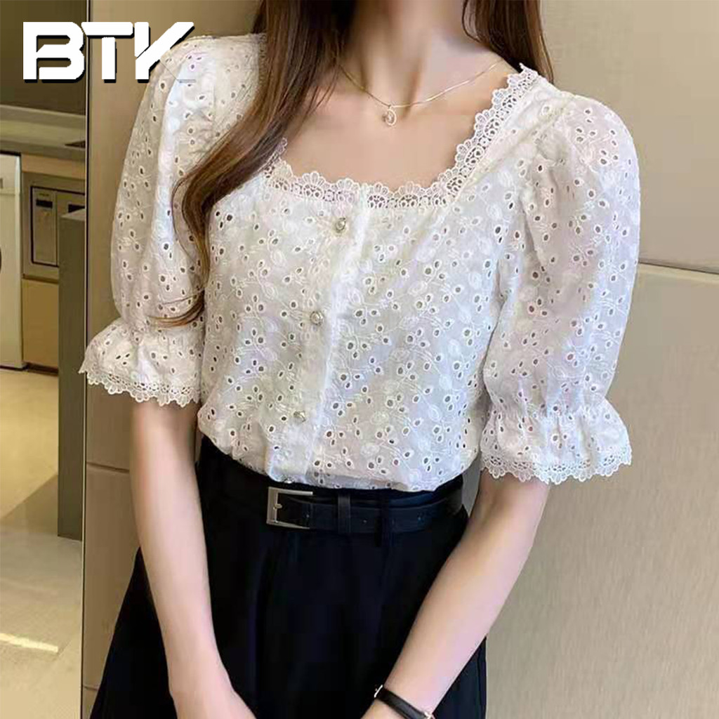 BUTIK Blouse Wanita Lengan Pendek Motif Brokat Bordir Warna Putih Gaya Kasual Elegan