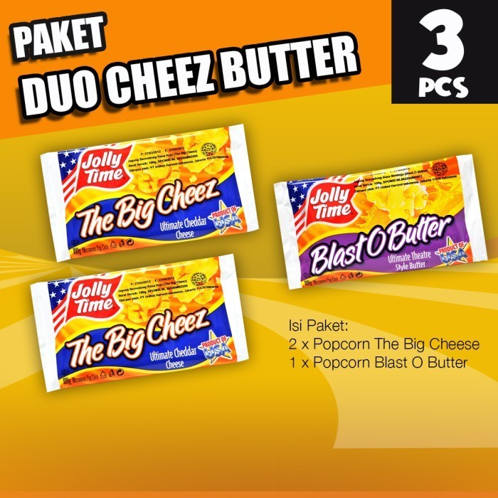 

Paket Duo Cheez Butter (2TBC, 1BOB) - Jolly Time Mircowave Popcorn