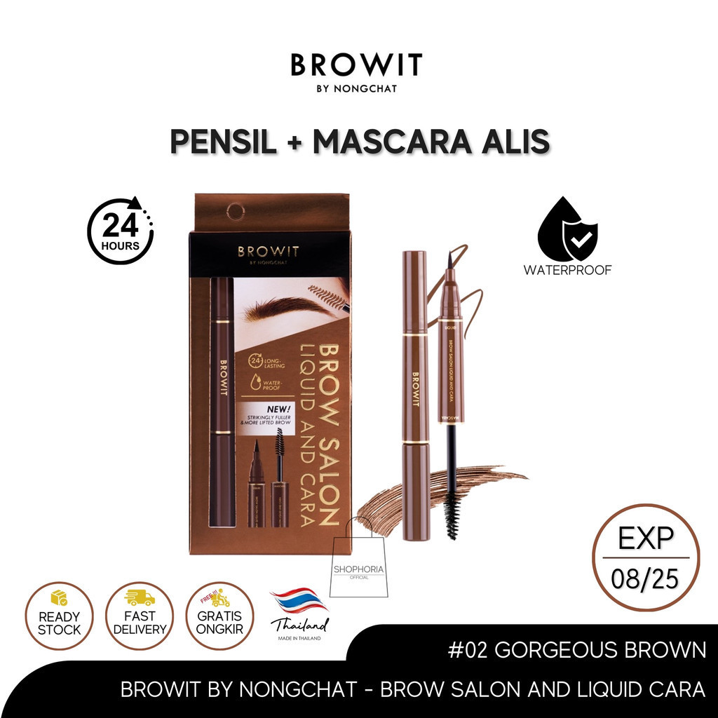 Browit By Nongchat Brow Salon Liquid & Cara Warna 02 Gorgeous Brown Original Thailand 2 in 1 Pensil 
