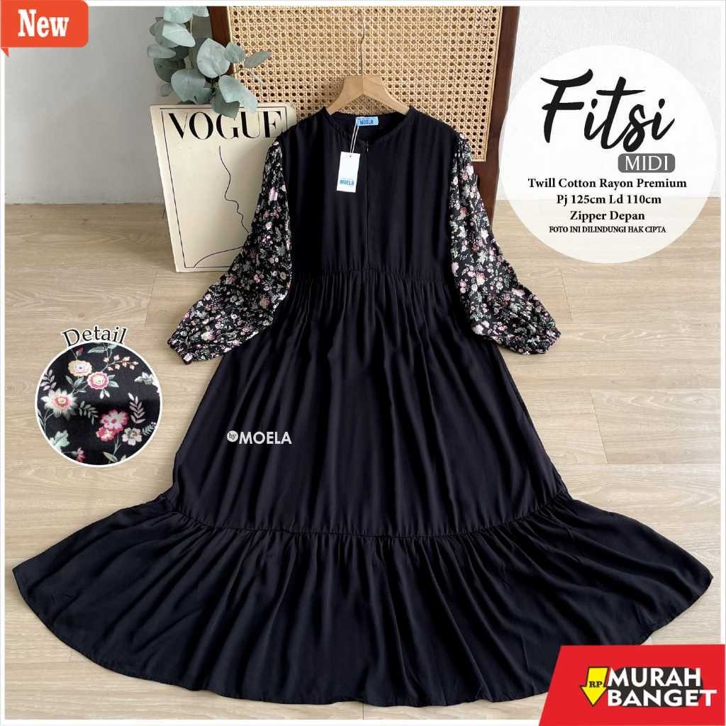 dress wanita kekinian FITSI MIDI DRESS TWILL COTTON RAYON PREMIUM ADEM HALUS NYAMAN KEKINIAN BY MOEL
