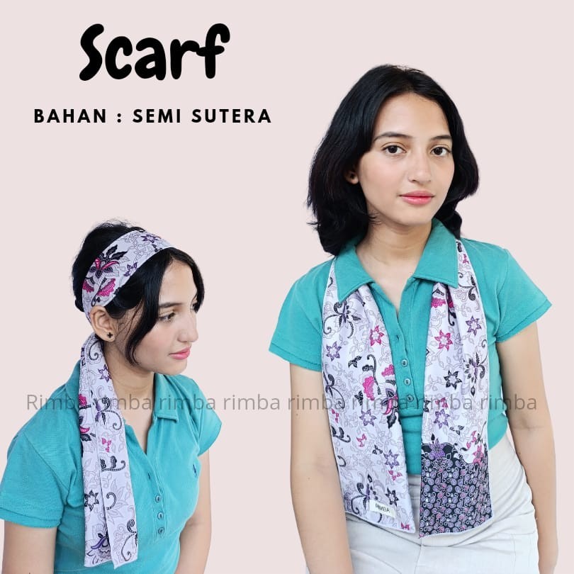 Syal Scraf Batik Dasi Leher Wanita dan Pria Motif Bunga Ungu Bahan Semi Sutera Premium