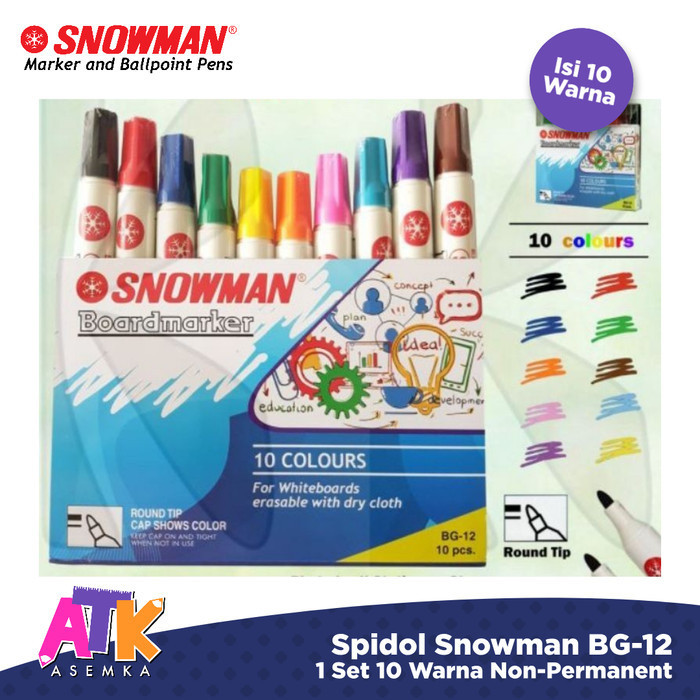 

Spidol Snowman Whiteboard BG-12 (1 set isi 10 warna)