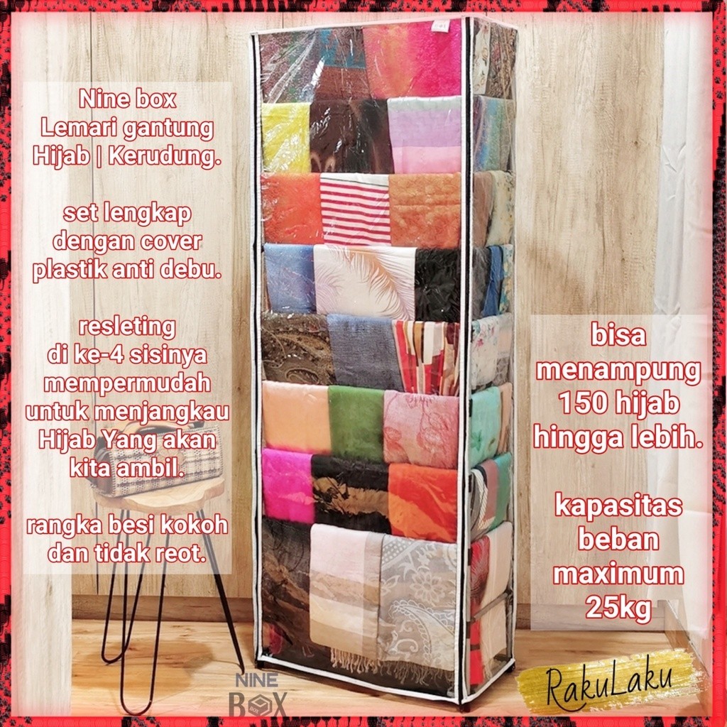 JH21L Nine box lemari hijab rangka besi pakai cover plastik/rak hijab cover plastik