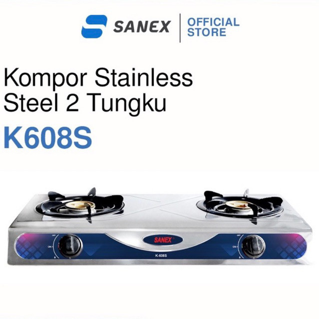 KOMPOR GAS SANEX 2 TUNGKU STAINLESS KOMPOR SANEX K 608 S K-608S API BIRU