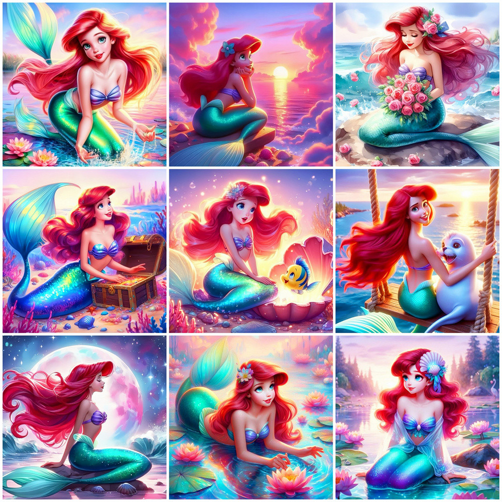 

Disney Drawing By Numbers Mermaid Ariel Cartoon Oil Painting By Numbers Princess Sunset DIY Art Coloring Moon Home Decoration