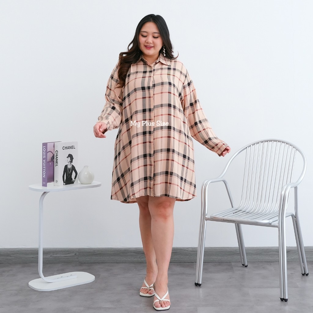 Tunik Kemeja Kotak Wanita Jumbo 3810, Ld 125, 135 & 145 cm
