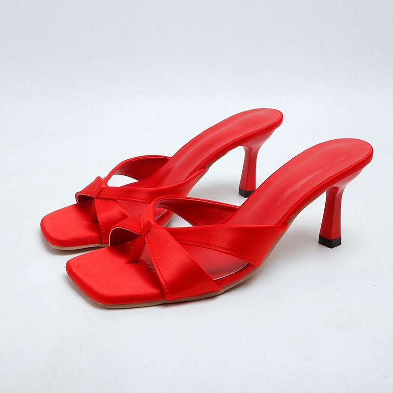 Summer Women Red Heeled Sandals Casual Chunky Roman Sandals With Heel Woman Satin Green Peep Toe Blo