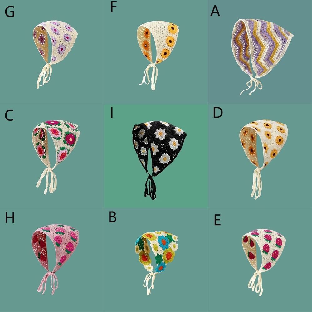 

French Pastoral Style Triangle Headband Knitted Flower Strawberry Headscarf Hat Handmade Crochet Girls Headband Towel