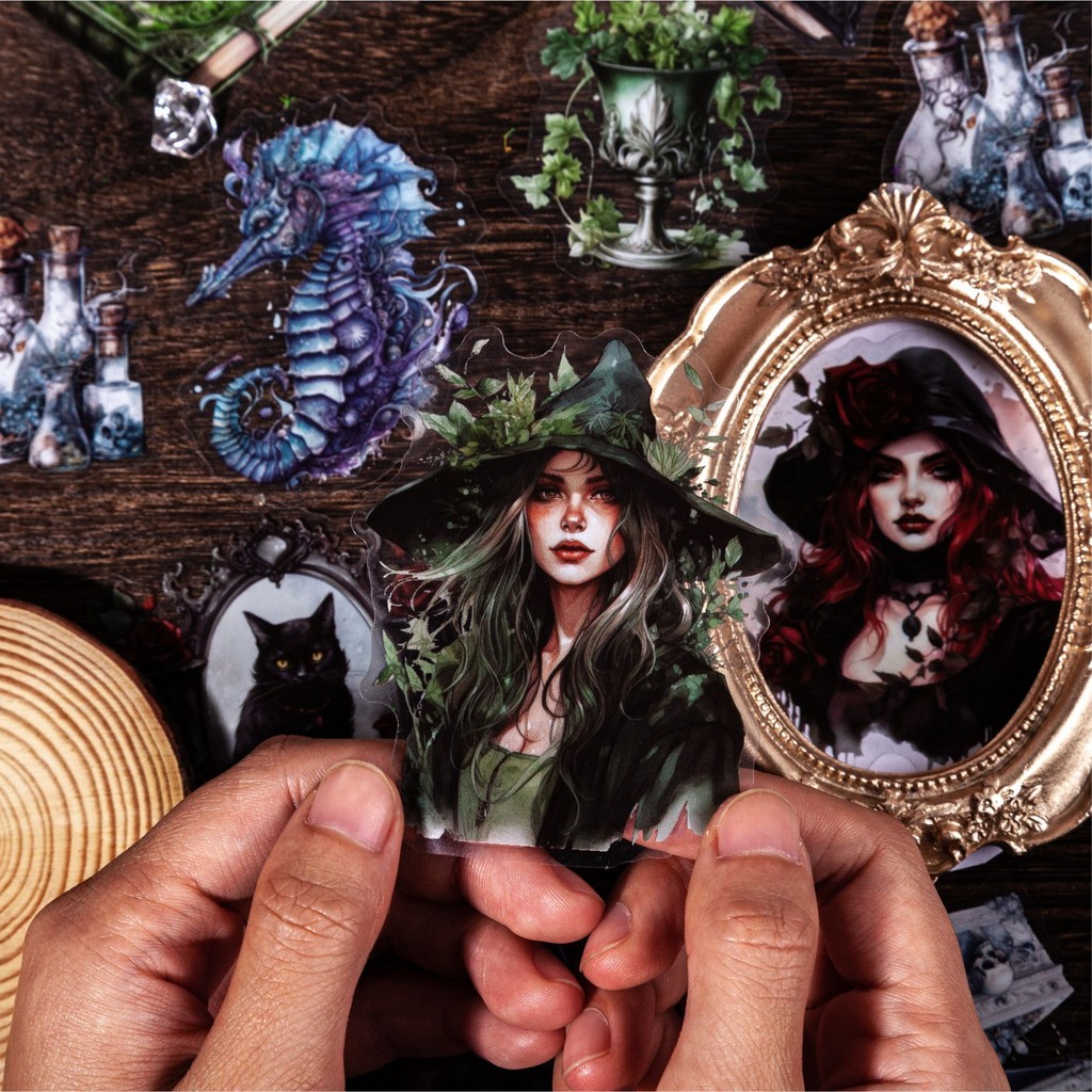 

20 pcs Vintage Gothic witch themed PET stickers wrapped with handbill material decorative collage Junk Journal Supplies
